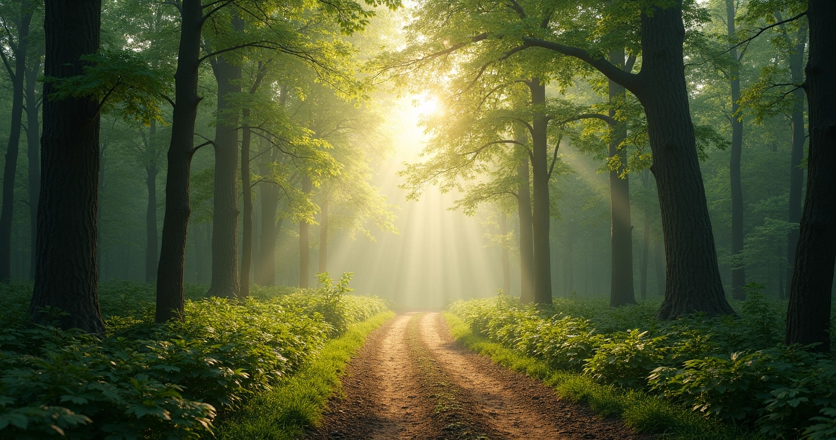 Caminho curvo em bosque com luz filtrada entre árvores