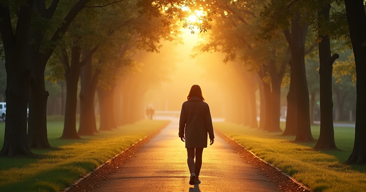 Pessoa caminhando sozinha em parque ao amanhecer 