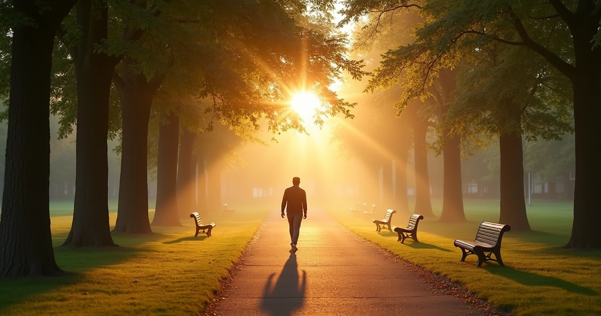 Pessoa caminhando sozinha em parque ao amanhecer 