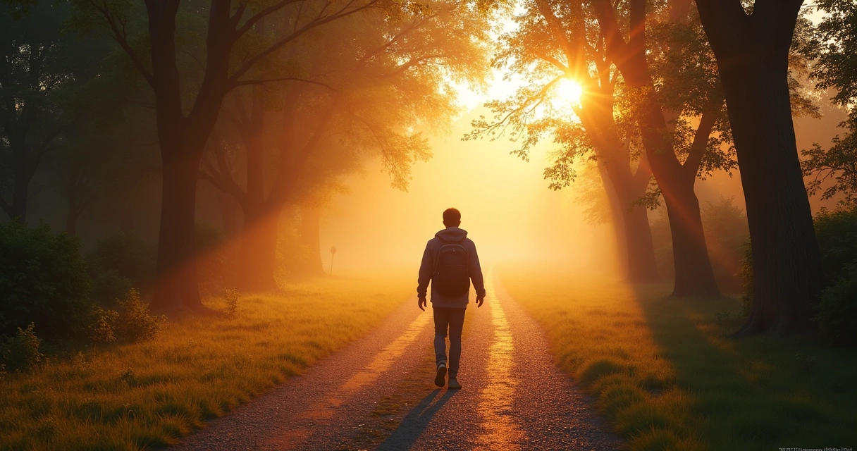 Pessoa caminhando em trilha ao amanhecer 