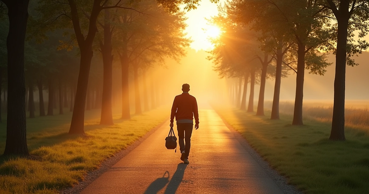 Pessoa caminhando em trilha clara ao amanhecer 