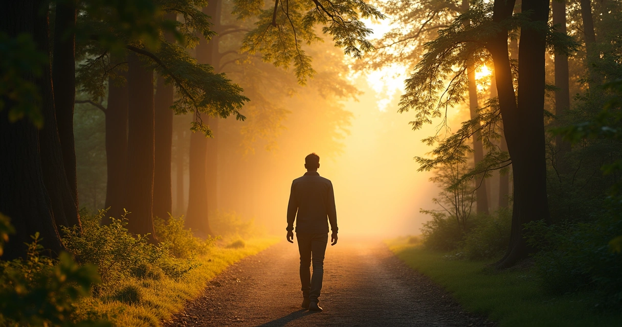 Pessoa caminhando por trilha ao amanhecer entre árvores e luz suave