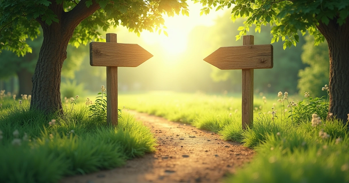 Caminho aberto na natureza com bifurcação e placas indicando diferentes direções 
