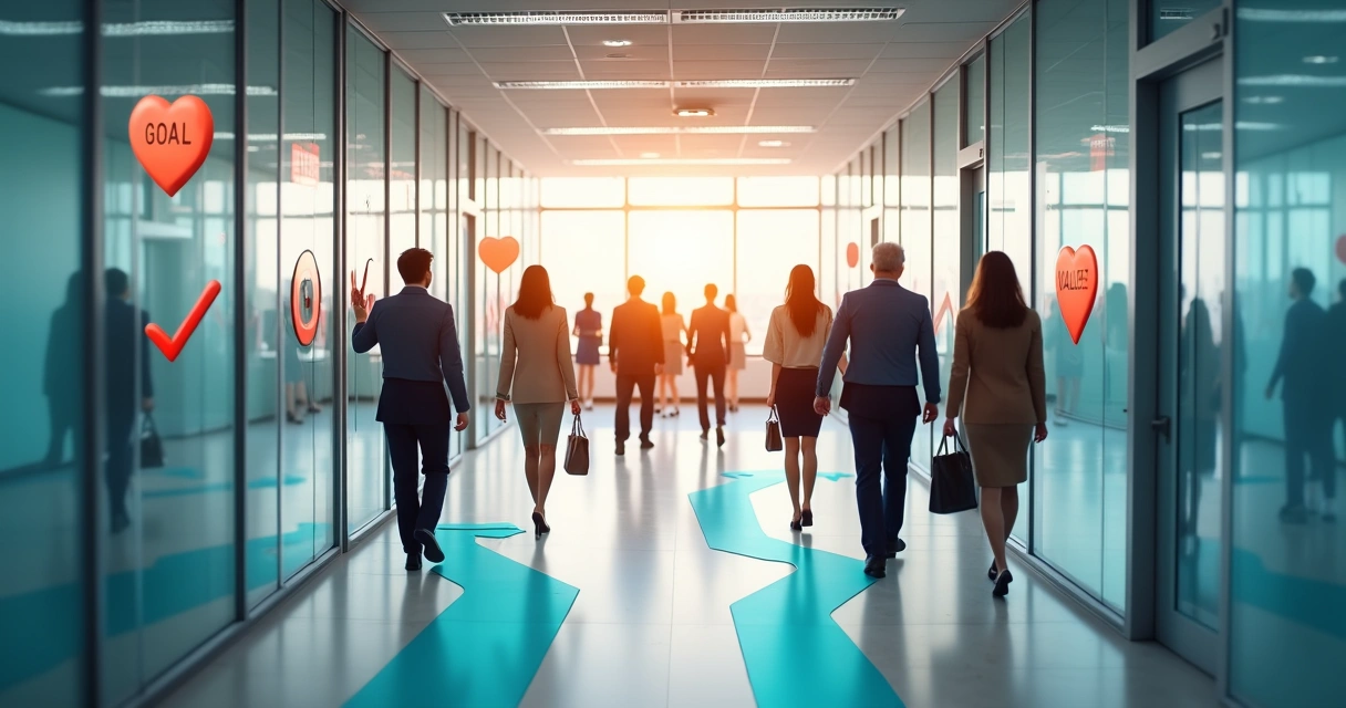 Grupos de pessoas caminhando juntos entre caminhos de símbolos de metas e valores 