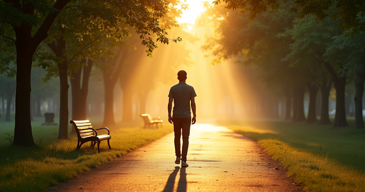 Pessoa caminhando sozinha em parque ao amanhecer 