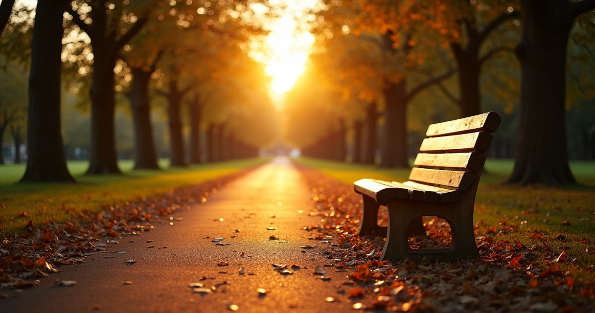 Caminho de parque com banco em ambiente sereno ao entardecer