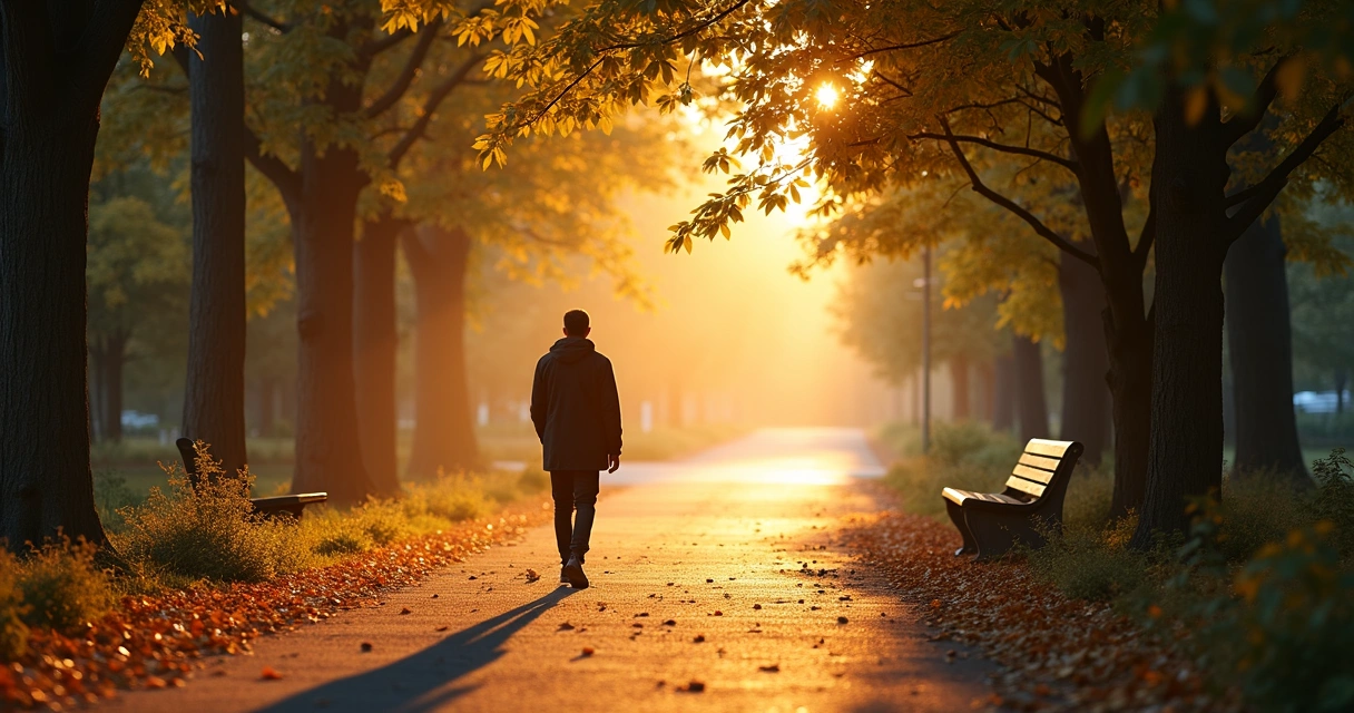 Pessoa caminhando sozinha em parque ao amanhecer