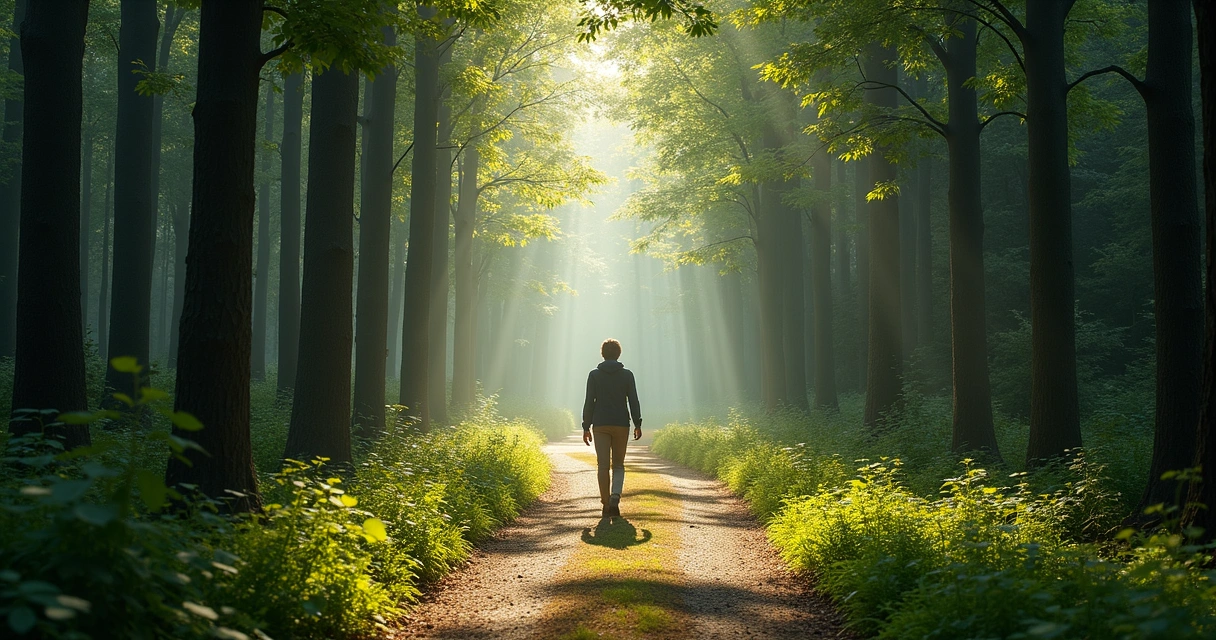 Pessoa caminhando sozinha em uma trilha de bosque, iluminada por luz suave entre árvores. 