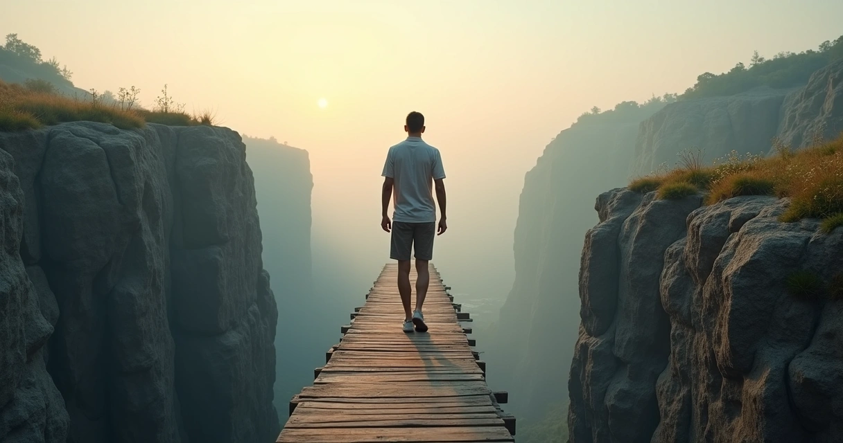 Pessoa caminhando sozinha em ponte de madeira entre dois penhascos envoltos em neblina 