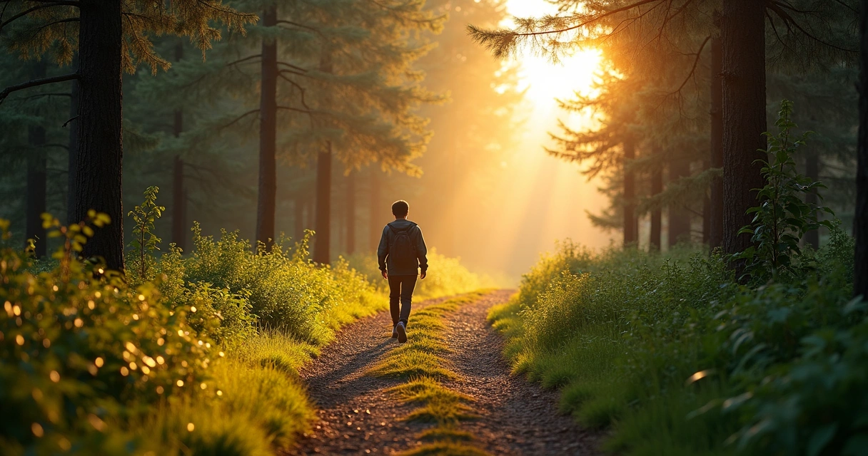 Pessoa caminhando em trilha, luz suave atravessando árvores 