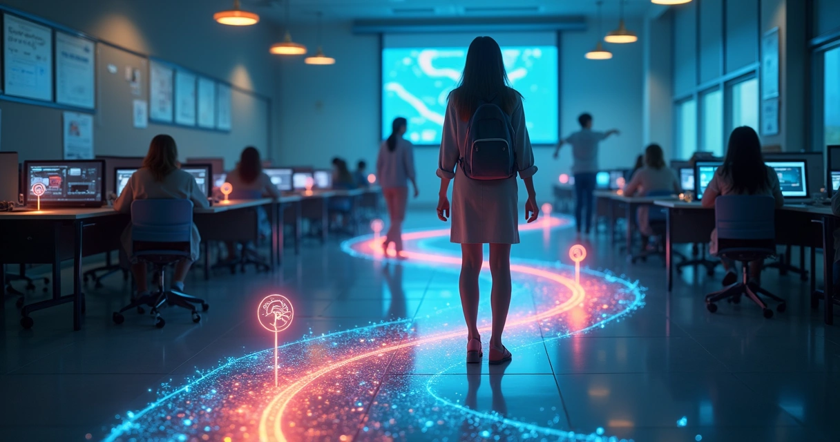 Trilha de aprendizado personalizada com IA iluminando diferentes caminhos para alunos 