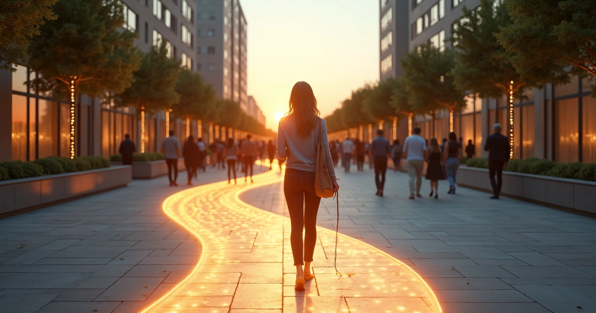 Trilha iluminada conectando pessoa solitária a grupo em praça urbana 