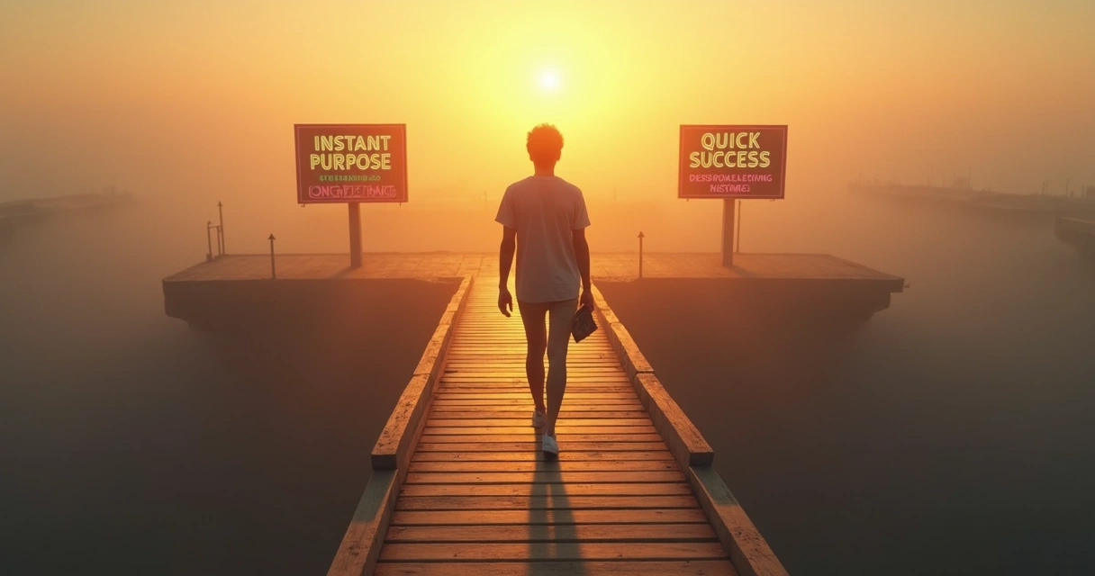 Pessoa caminhando em ponte elevada com placas de atalhos e armadilhas abaixo 