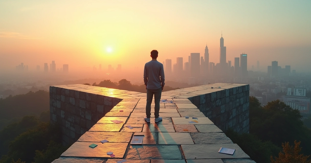 Pessoa em encruzilhada escolhendo caminho iluminado em meio à cidade 