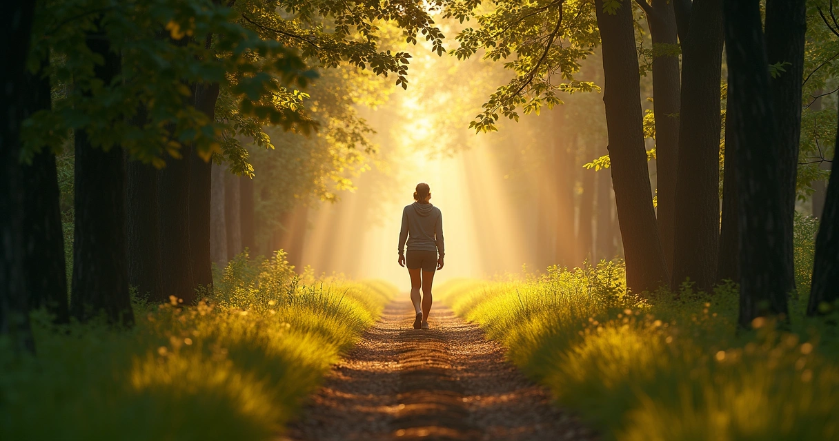 Pessoa caminhando por uma trilha cercada de árvores, luz suave e ambiente calmo 