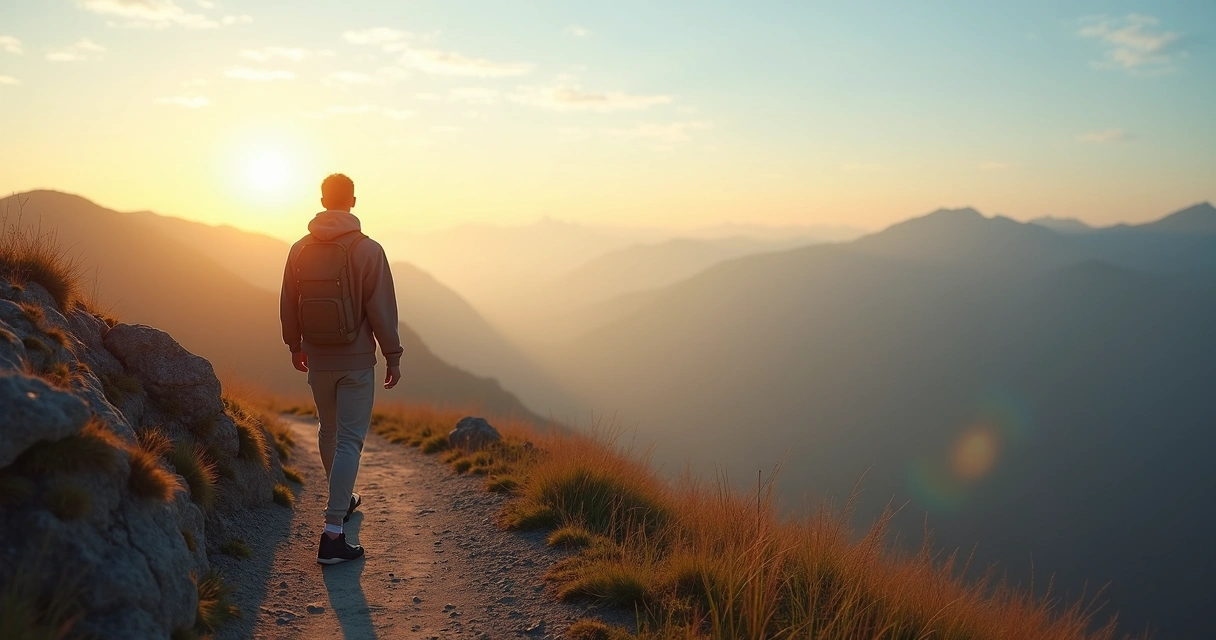 Pessoa caminhando em trilha de montanha ao amanhecer olhando para o horizonte 