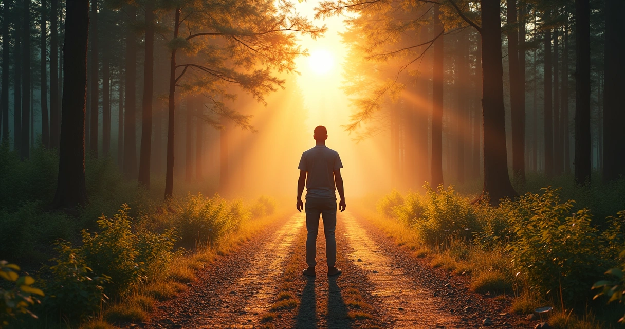 Pessoa em encruzilhada contemplando dois caminhos distintos na natureza 