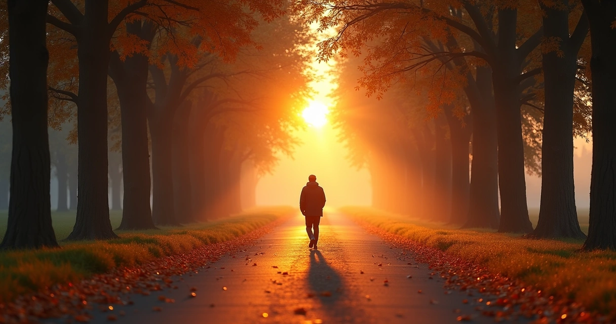 Pessoa caminhando em estrada iluminada ao fundo, buscando propósito