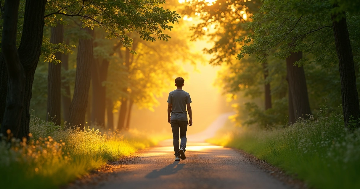 Pessoa caminhando em estrada iluminada por luz dourada, árvores ao redor 