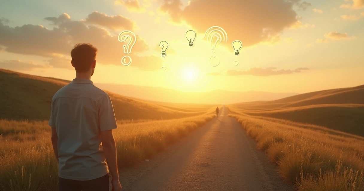 Pessoa em pé em uma encruzilhada observando ícones de perguntas e propósito no céu 
