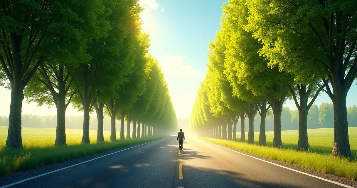 Pessoa caminhando em estrada cercada por árvores, caminho à frente iluminado