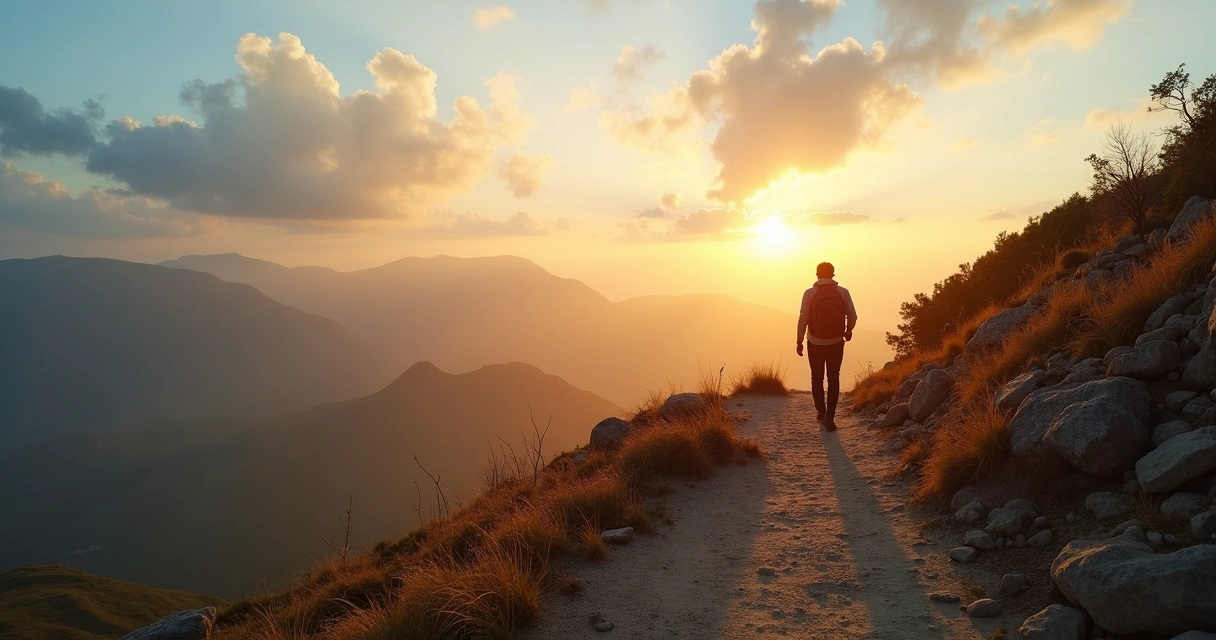 Pessoa caminhando sozinha em trilha de montanha ao amanhecer refletindo sobre propósito pessoal 