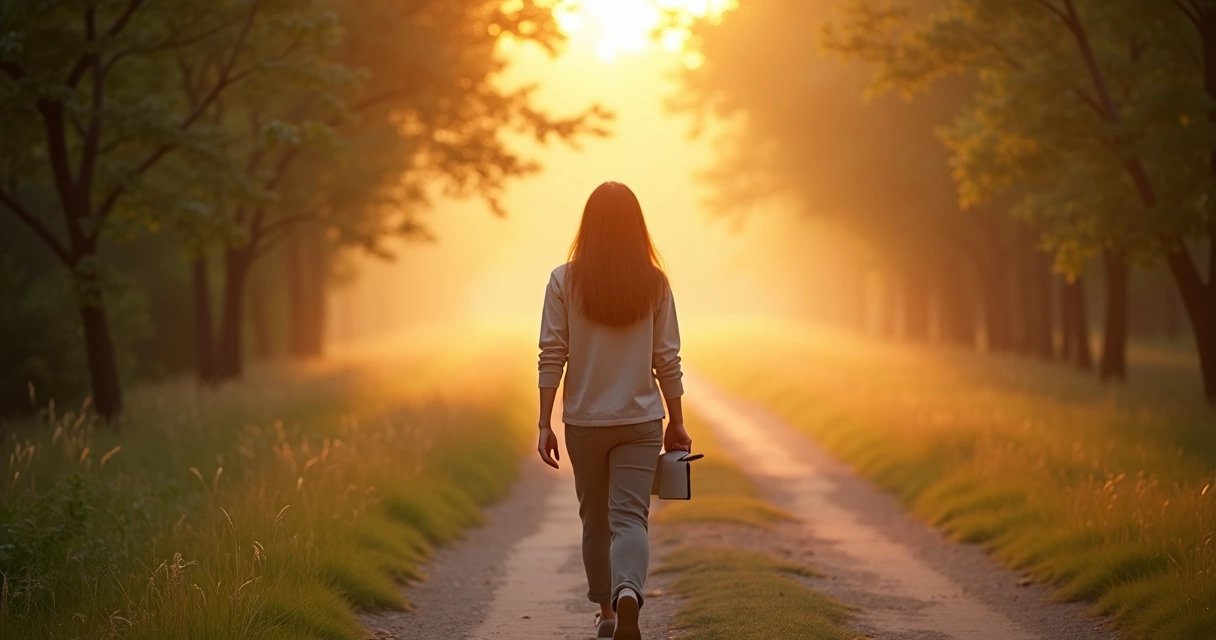 Pessoa caminhando por trilha com luz suave