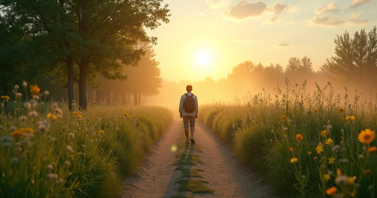 Pessoa caminhando sozinha em trilha cercada de natureza ao nascer do sol 