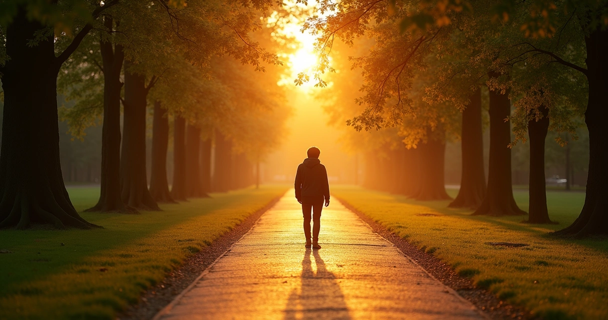Pessoa caminhando em parque ao amanhecer por um caminho reto