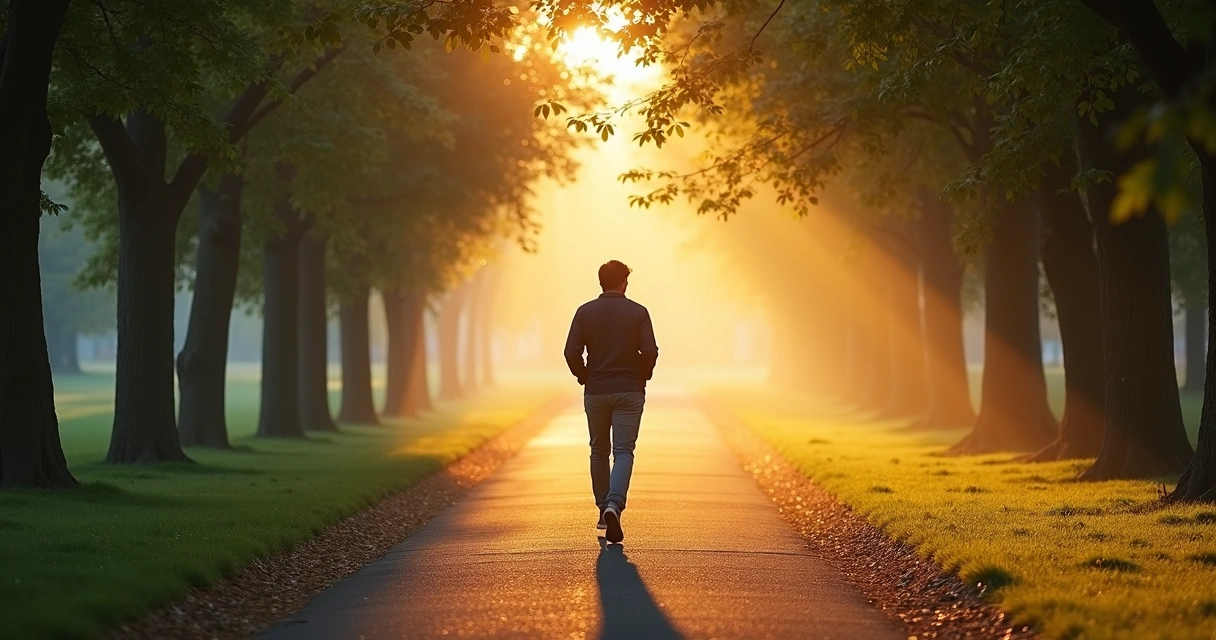 Pessoa caminhando sozinha em parque ao amanhecer 