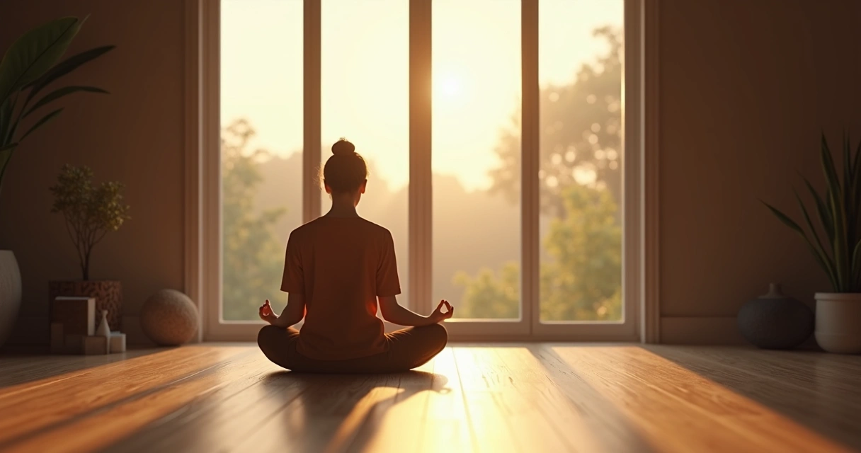 Pessoa refletindo em um ambiente sereno, sentada perto de uma janela com luz suave 