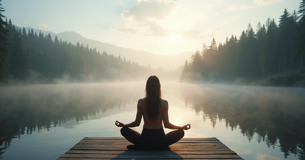 Pessoa em meditação em ambiente natural, com luz suave e elementos naturais ao redor