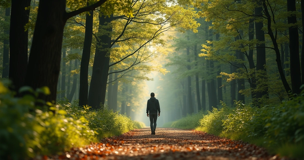 Pessoa andando sozinha em trilha rodeada de árvores altas