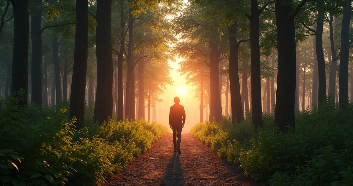 Pessoa sozinha caminhando em uma trilha cercada por natureza ao entardecer 
