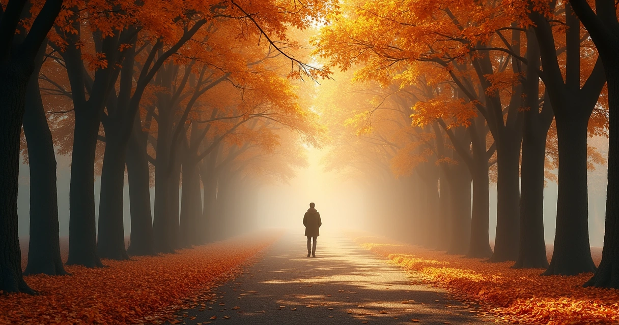 Pessoa caminhando sozinha em um corredor de árvores, reflexiva 