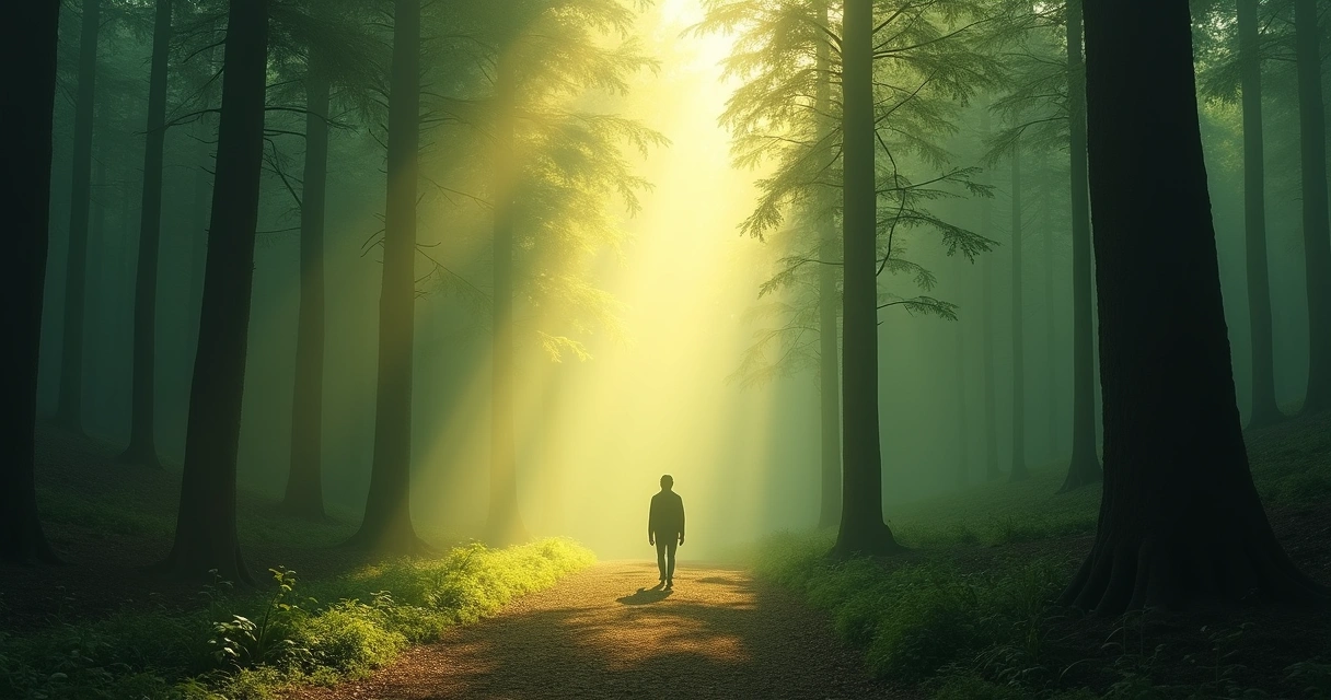 Pessoa caminhando sozinha em direção à floresta iluminada pelo sol, sugerindo autoconhecimento e reflexão 