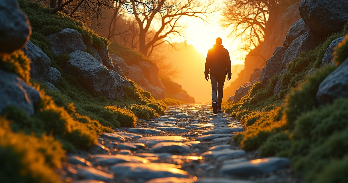 Pessoa caminhando em um caminho rochoso iluminado pelo sol nascente