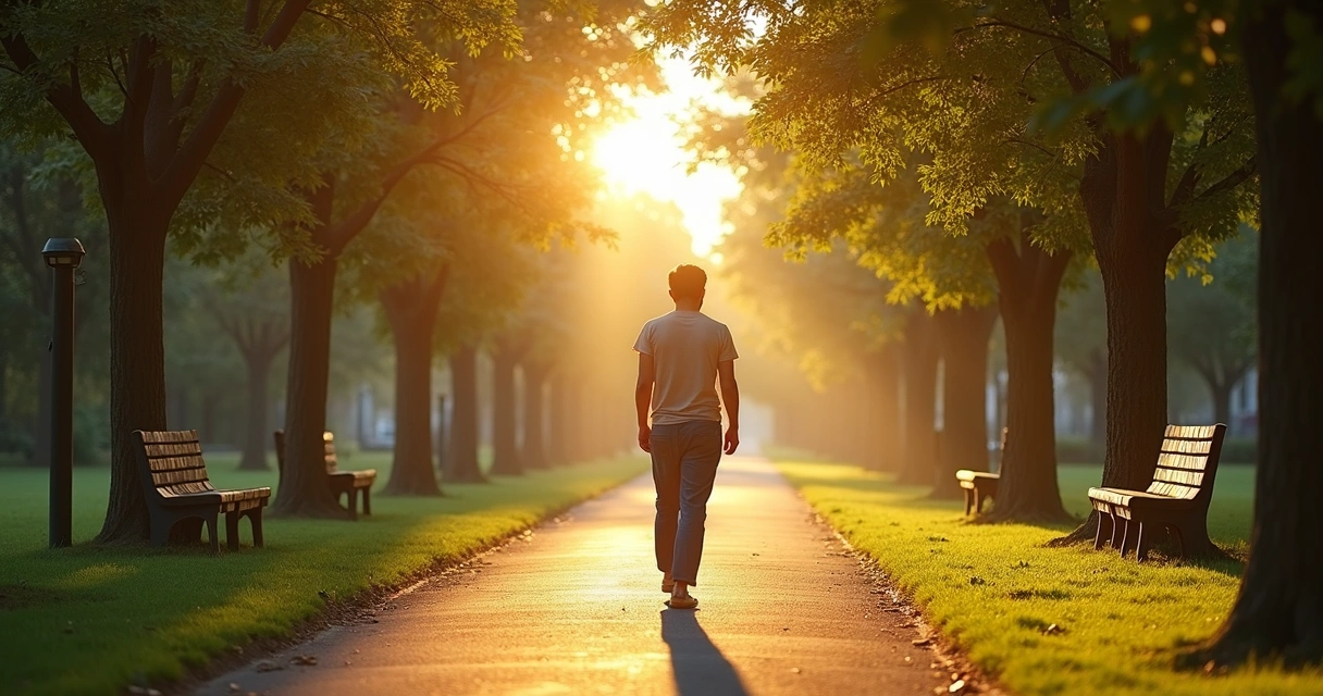Pessoa caminhando sozinha em parque ao amanhecer 
