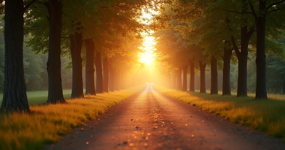 Caminho vazio ao entardecer entre árvores e luz suave 