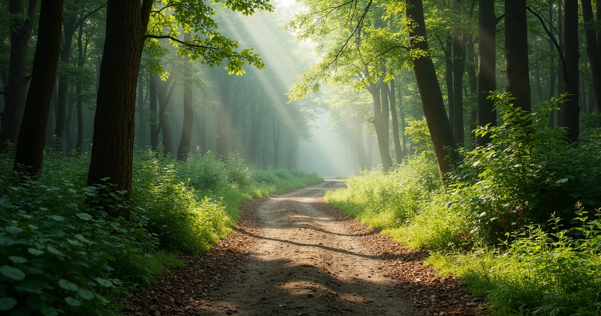 Trilha simples em meio à natureza com luz suave no fim