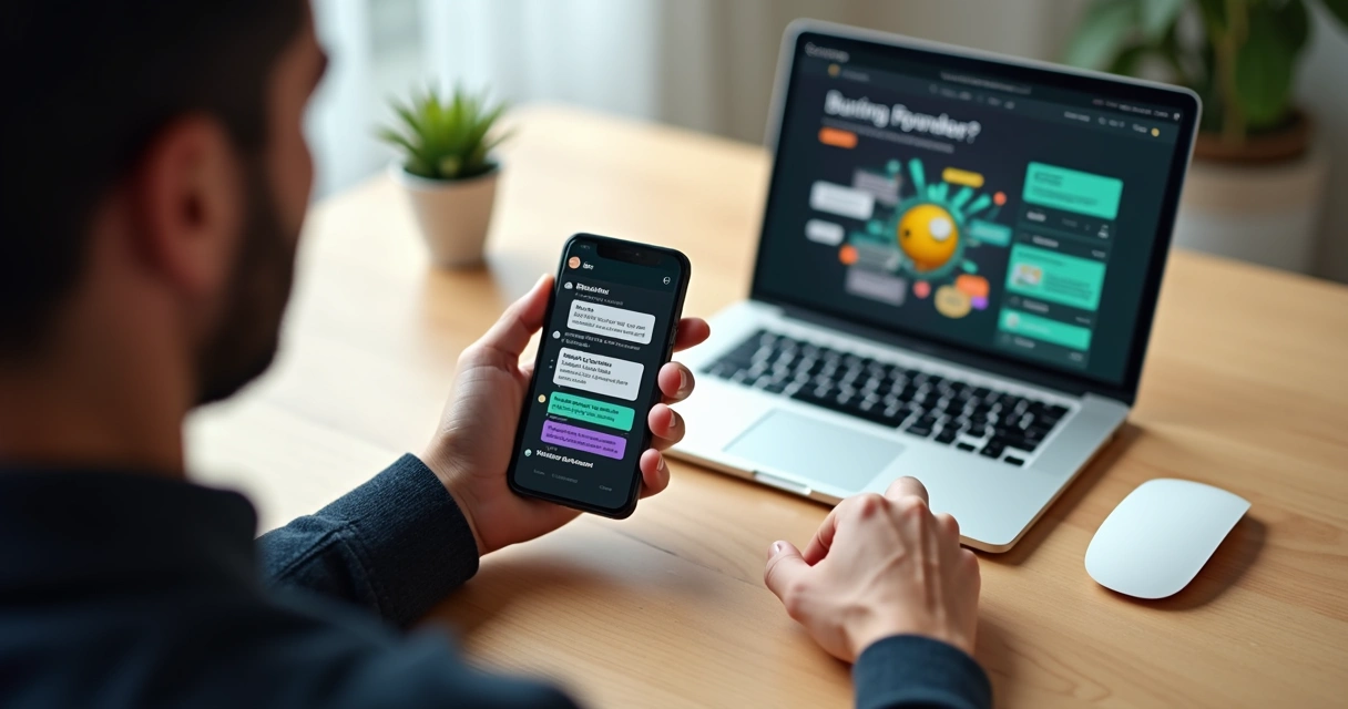 Pessoa mexendo no WhatsApp enquanto vê um notebook com novo site