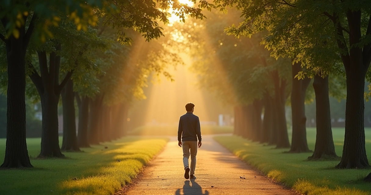 Pessoa caminhando sozinha por trilha de parque com luz suave 