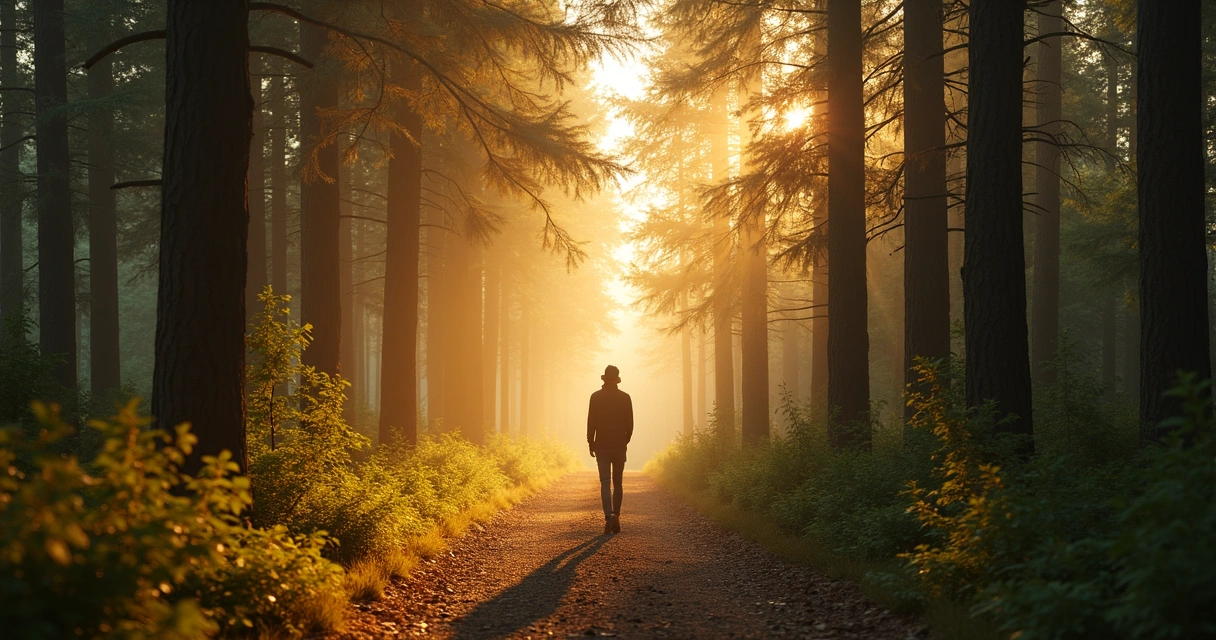 Pessoa caminhando em floresta iluminada com luz dourada 