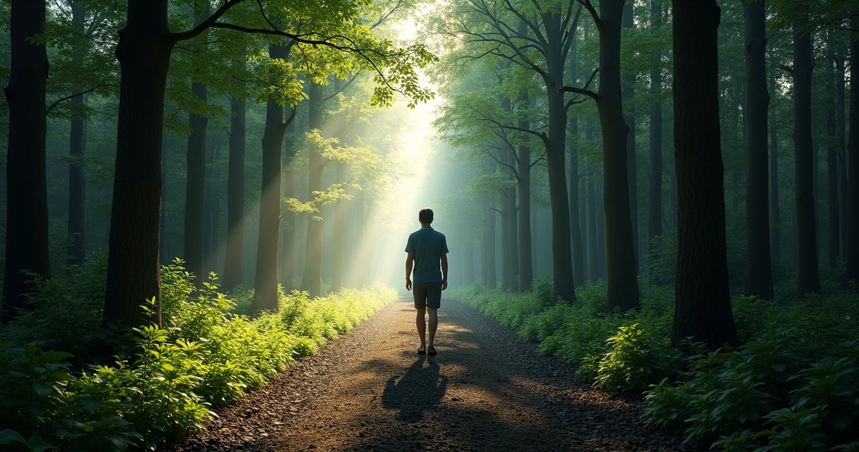 Pessoa caminhando em floresta, metade iluminada, metade sob sombra 