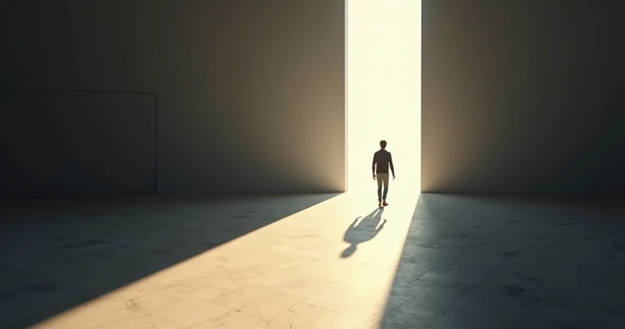 Pessoa caminhando em corredor, sombra e luz contrastante. 