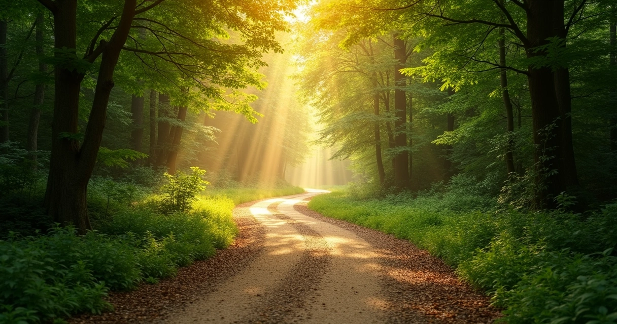 Caminho subindo entre árvores com luz dourada do sol.