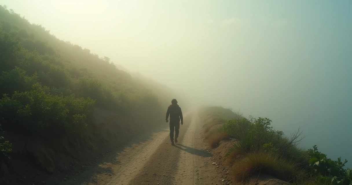 Pessoa subindo caminho íngreme em trilha com neblina suave 