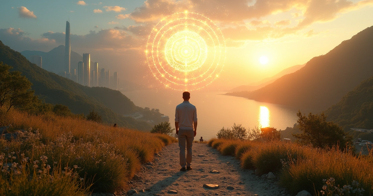 Pessoa caminhando em trilha dividida entre sucesso material e consciência interior 