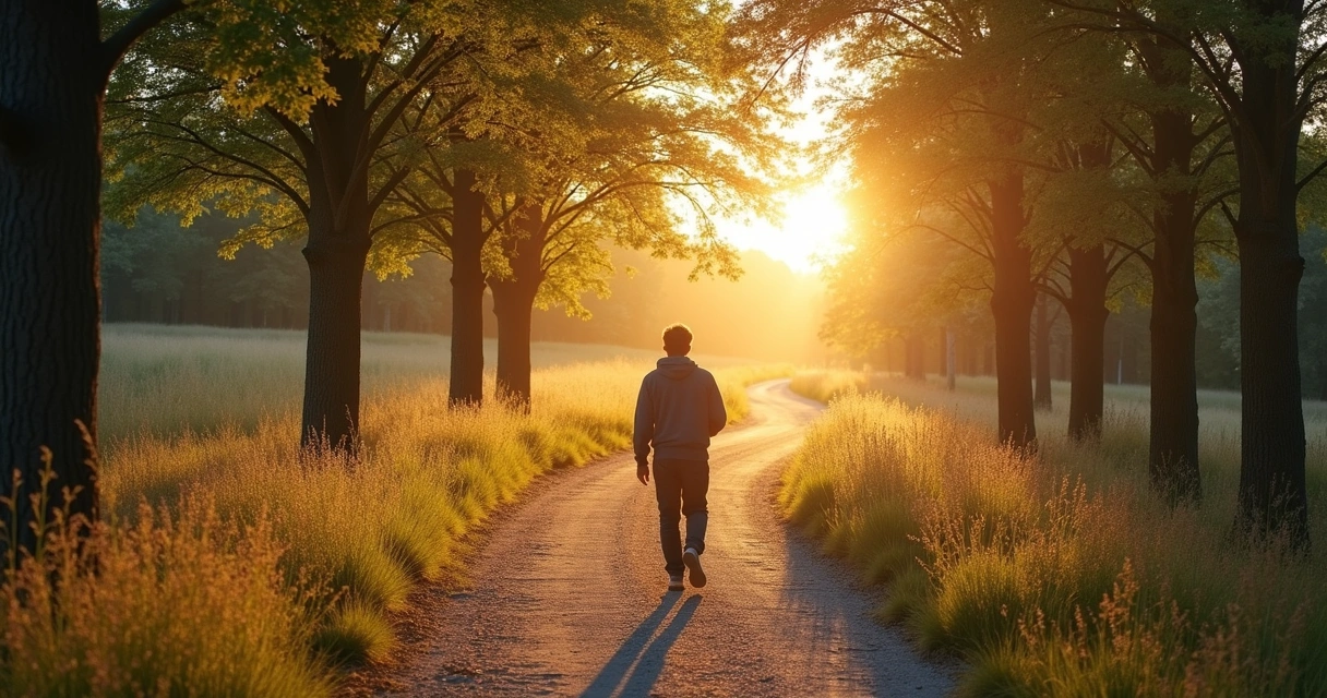 Pessoa caminhando por caminho sinuoso em paisagem natural 