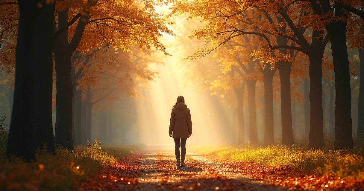 Pessoa caminhando sozinha em uma trilha entre árvores, luz suave ao fundo